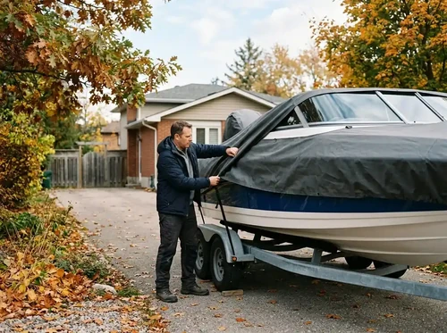 A man pulls the cover over his boat to prepare it for the winter.